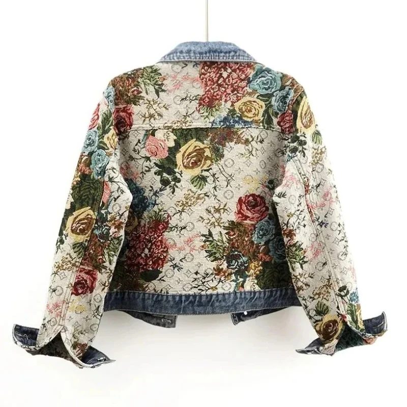 Veste Courte à Fleurs avec Col Denim pour Femme