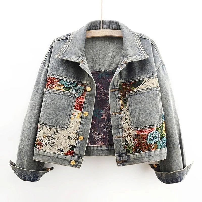 Veste Courte à Fleurs avec Col Denim pour Femme - Bleu ciel