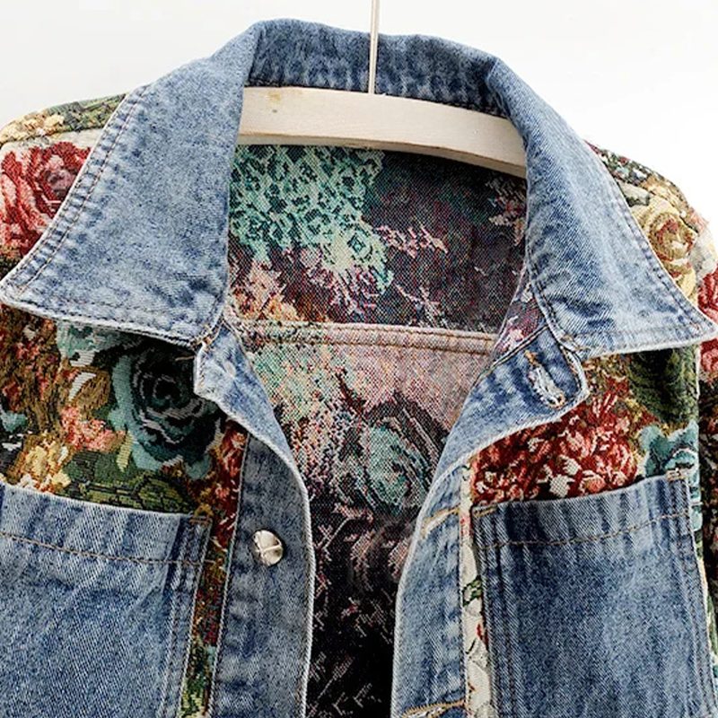 Veste Courte à Fleurs avec Col Denim pour Femme