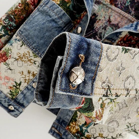 Veste Courte à Fleurs avec Col Denim pour Femme - View 3