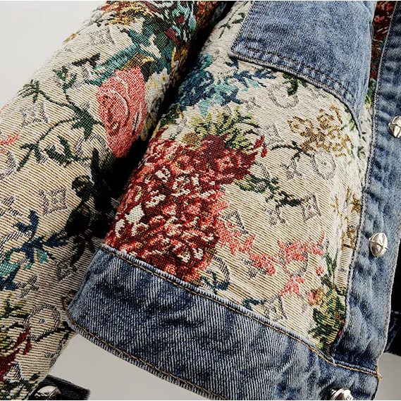 Veste Courte à Fleurs avec Col Denim pour Femme - View 4