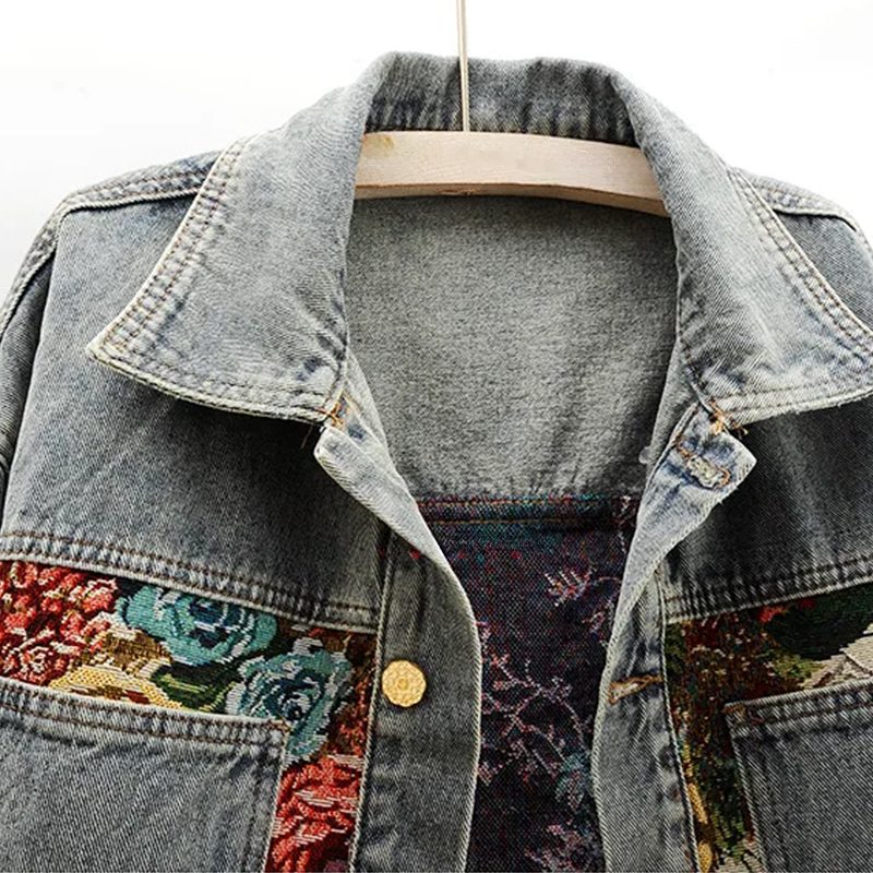 Veste Courte à Fleurs avec Col Denim pour Femme - View 6