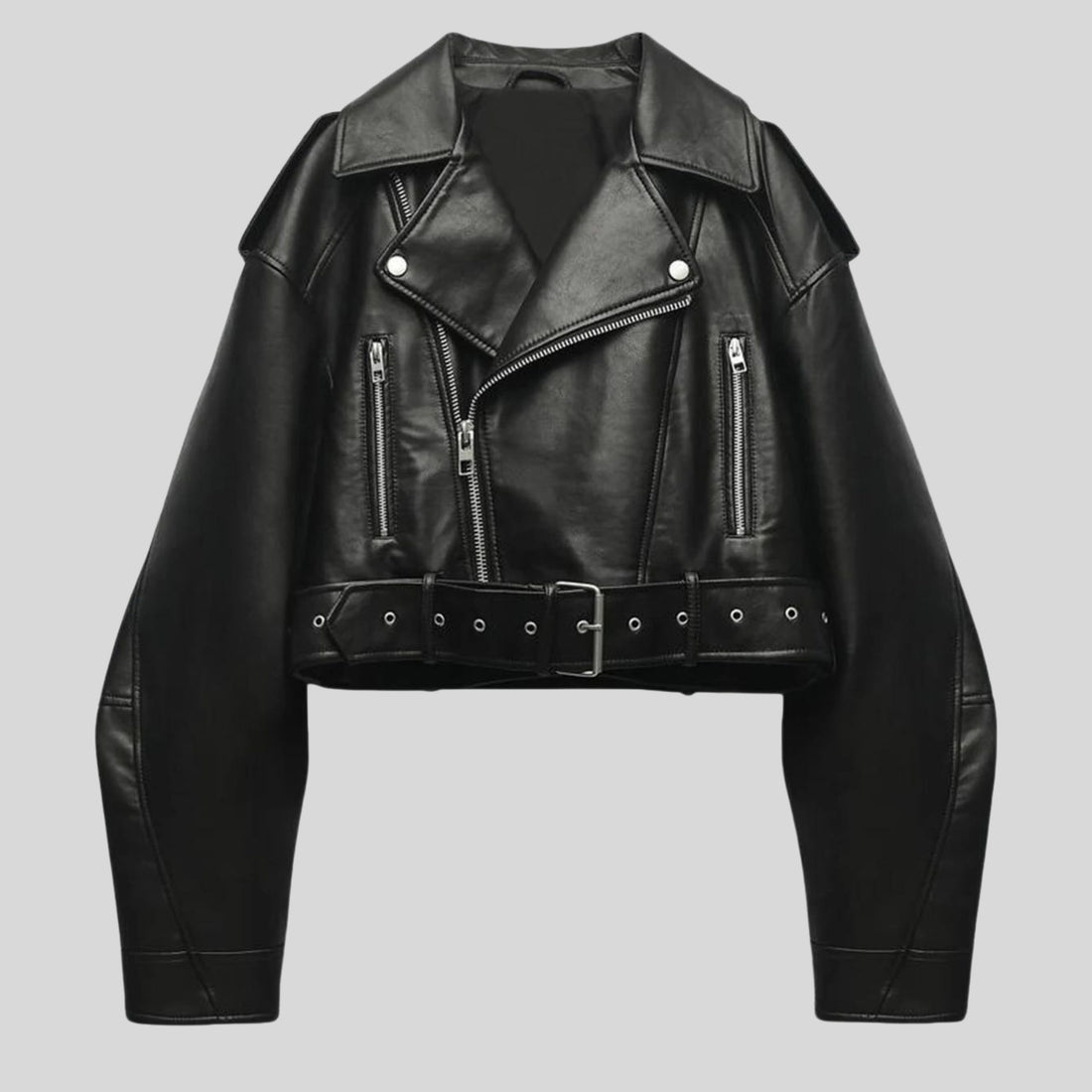 Veste Cropped en Cuir avec Ceinture pour Femme