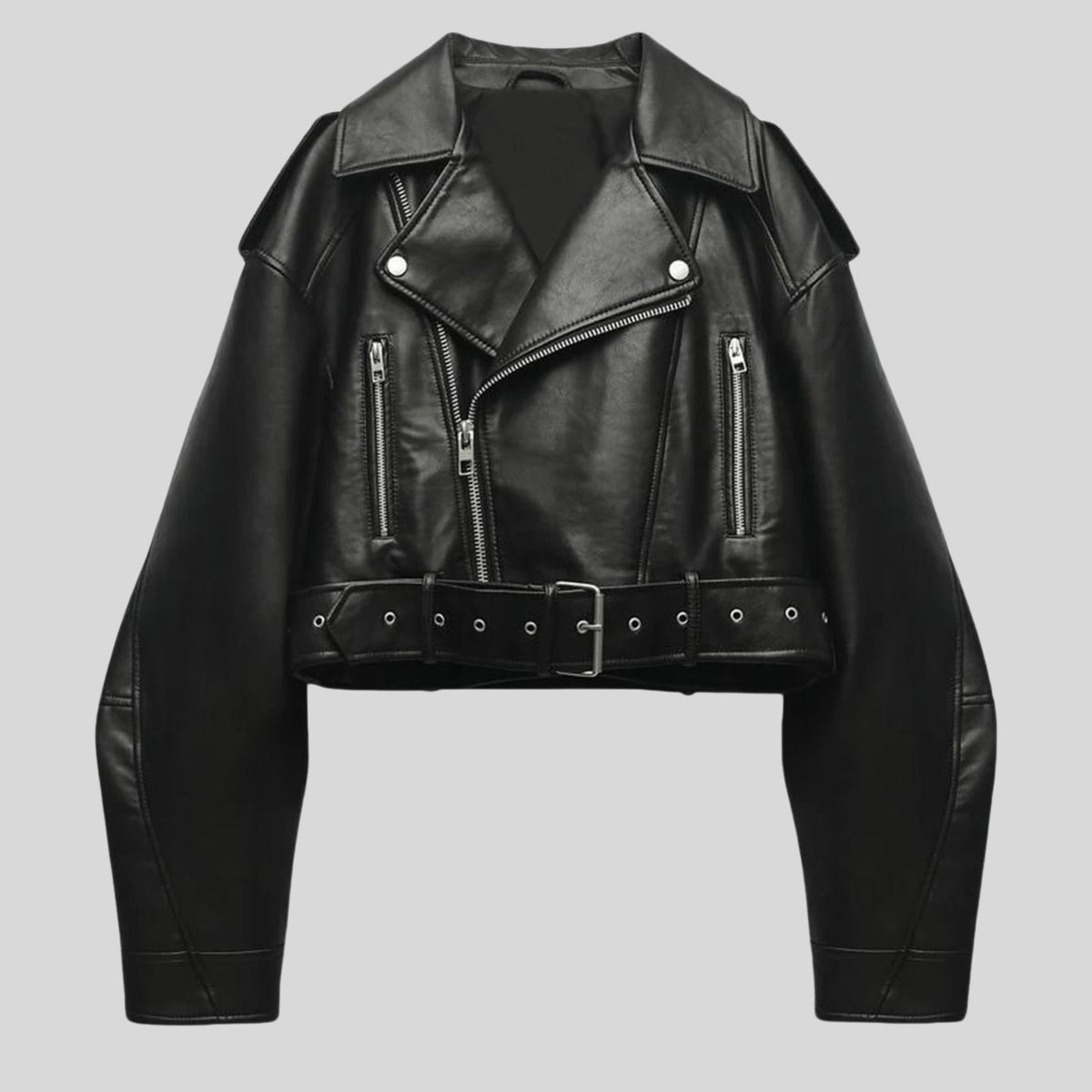 Veste Cropped en Cuir avec Ceinture pour Femme - Noir