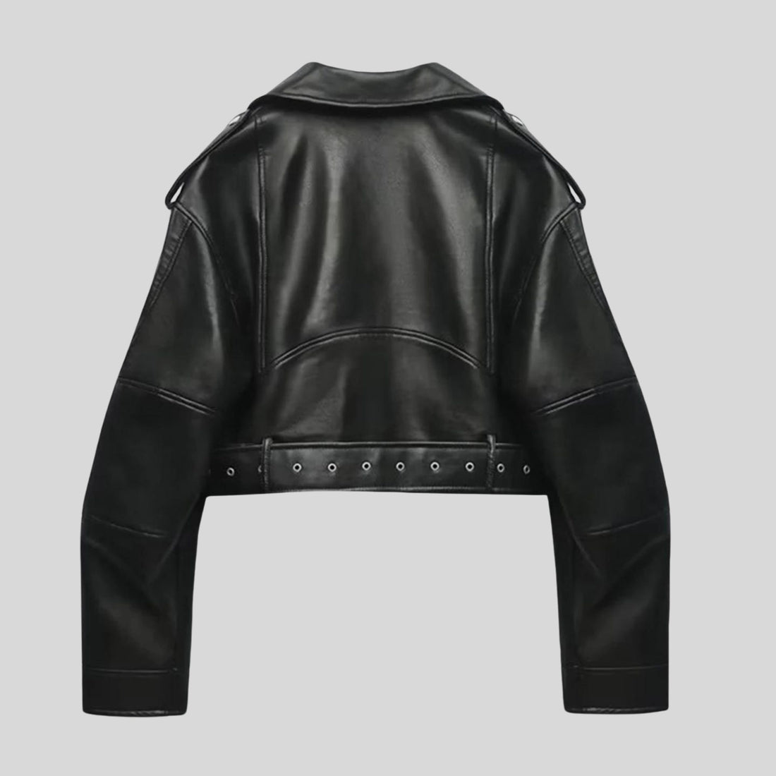 Veste Cropped en Cuir avec Ceinture pour Femme