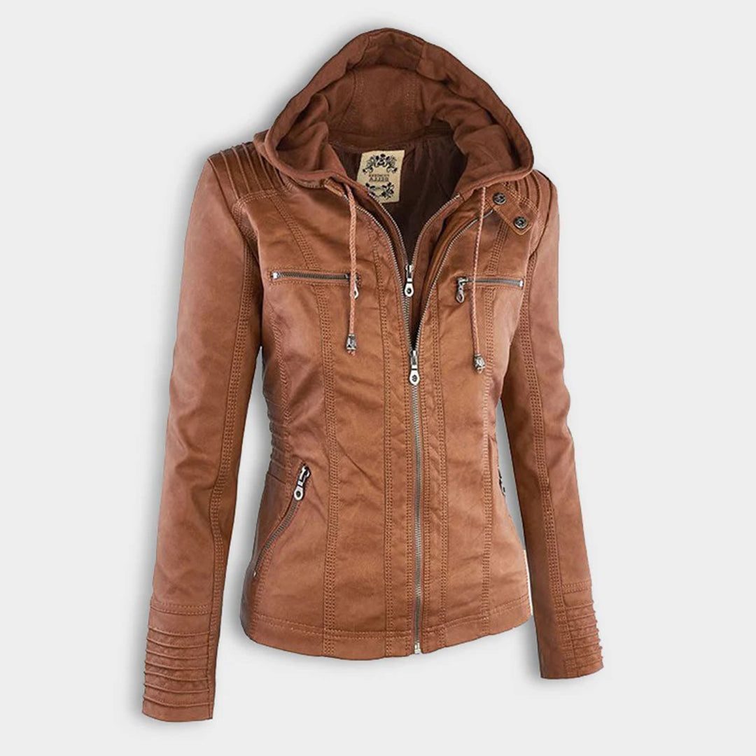 Veste en Cuir avec Capuche Amovible pour Femme