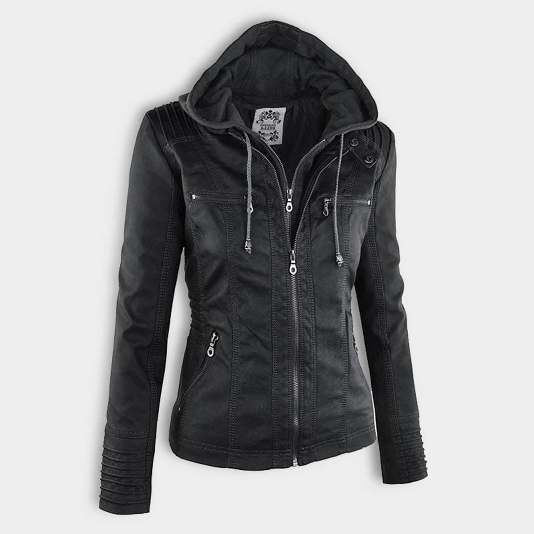 Veste en Cuir avec Capuche Amovible pour Femme - Noir