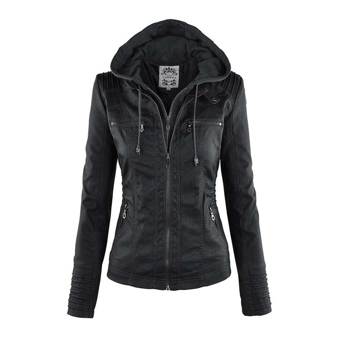 Veste en Cuir avec Capuche Amovible pour Femme - Noir (2)