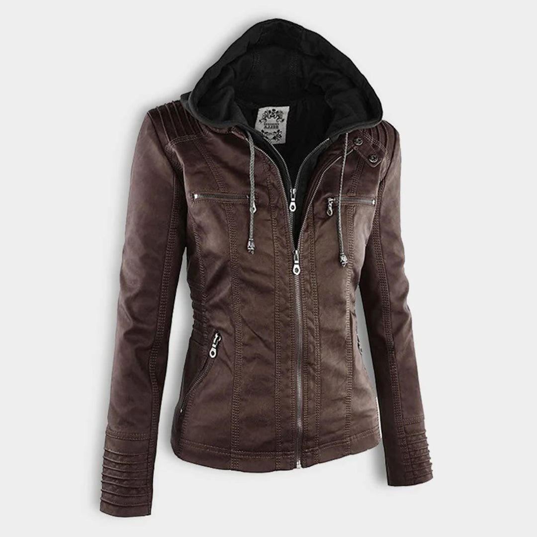 Veste en Cuir avec Capuche Amovible pour Femme - Marron