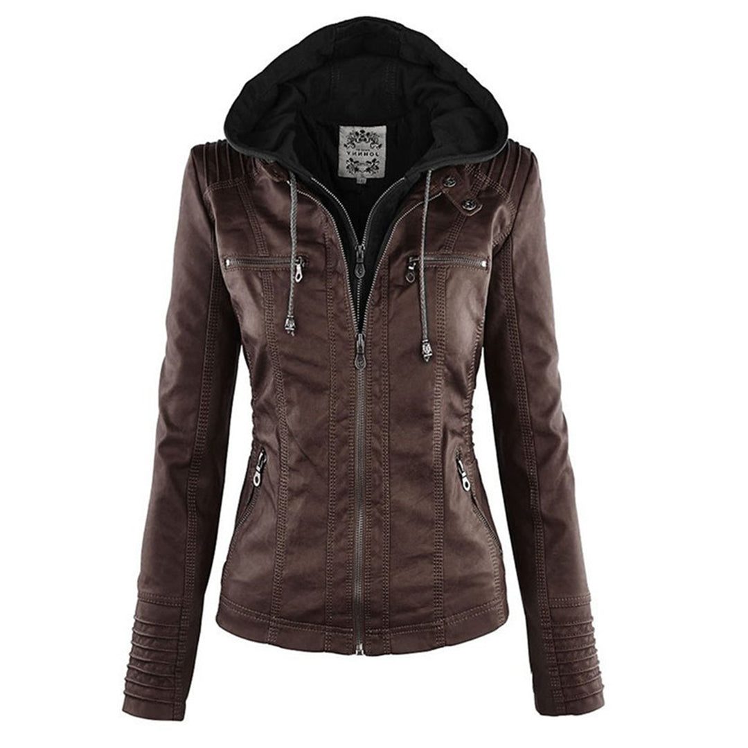 Veste en Cuir avec Capuche Amovible pour Femme - Marron (2)