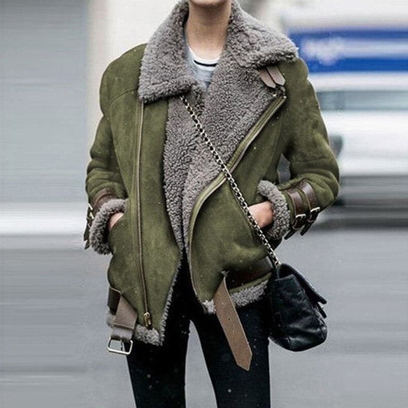 Veste en Cuir Aviateur Doublée Polaire pour Femme - Vert