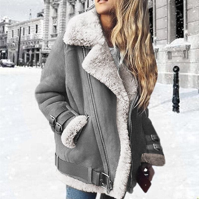 Veste en Cuir Aviateur Doublée Polaire pour Femme - Gris