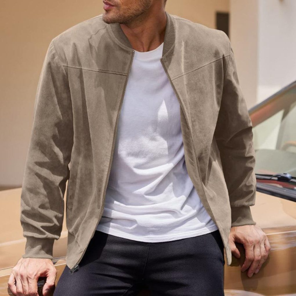 Veste en Daim Zippée Coupe Droite pour Homme - Khaki