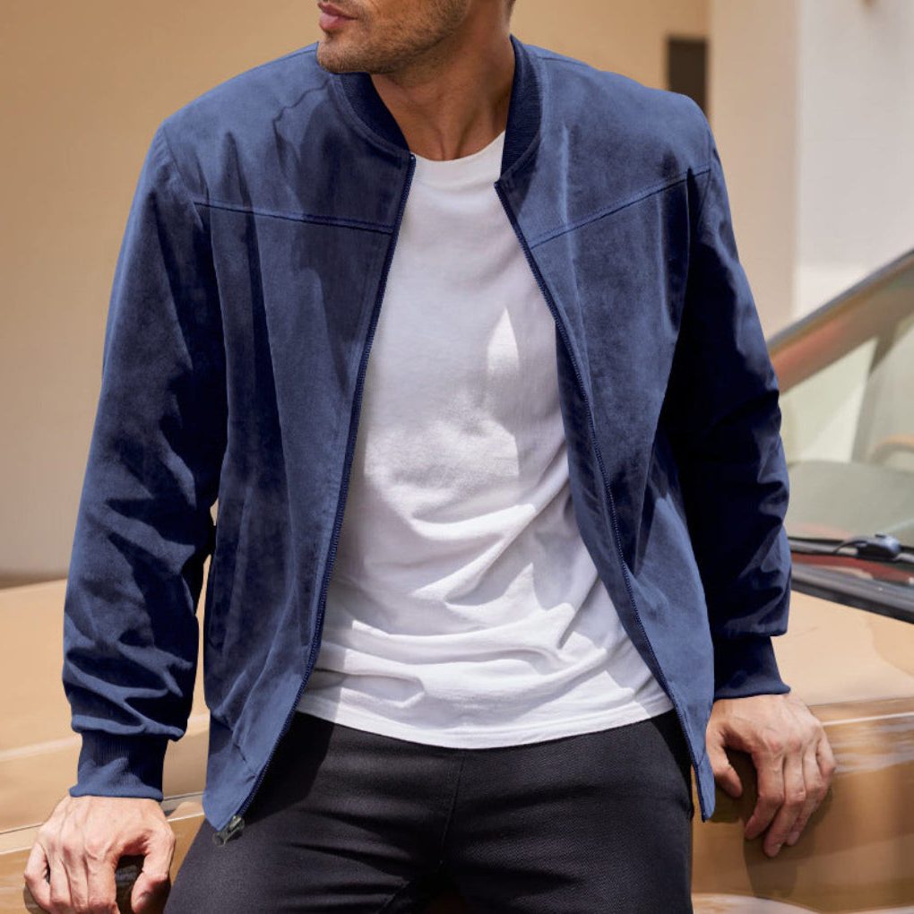 Veste en Daim Zippée Coupe Droite pour Homme - Bleu marine