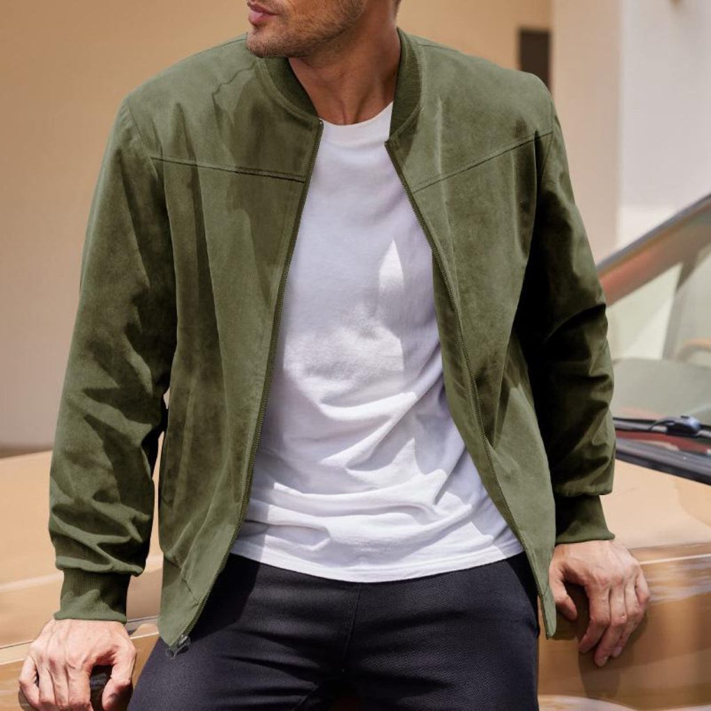 Veste en Daim Zippée Coupe Droite pour Homme - Vert olive