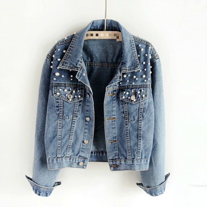 Veste en Jean Oversize avec Perles pour Femme - Bleu jean