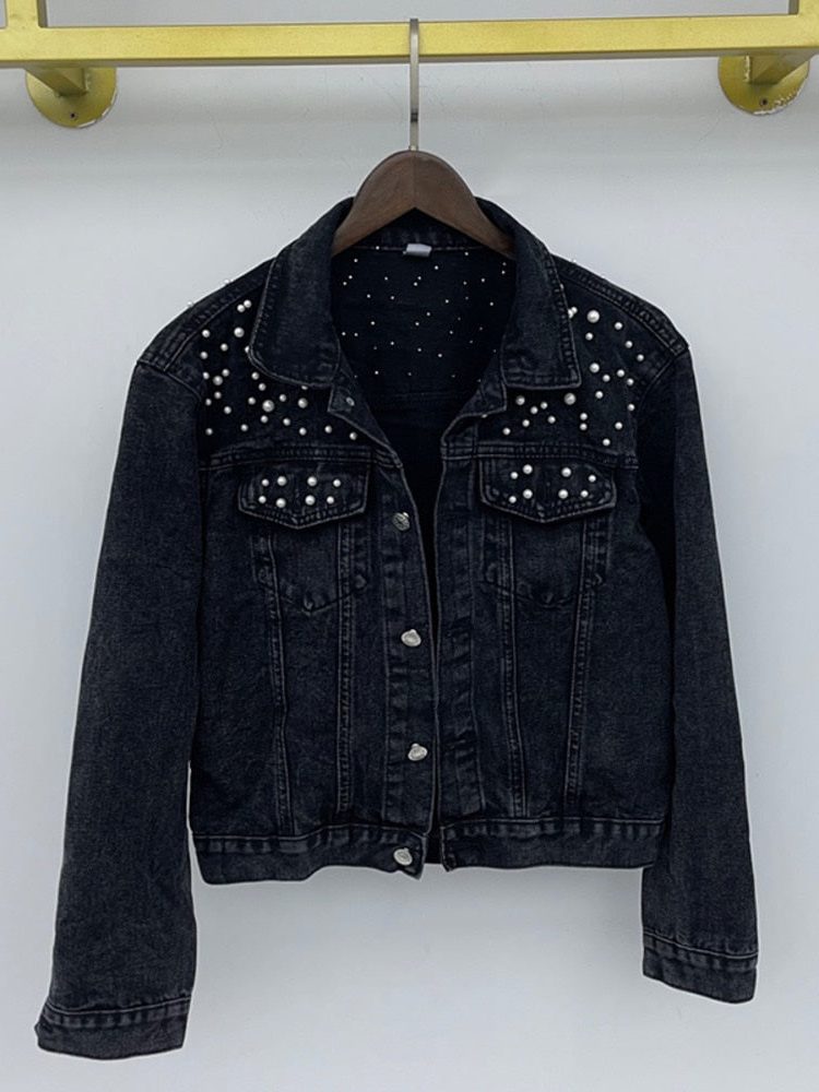 Veste en Jean Oversize avec Perles pour Femme - Noir