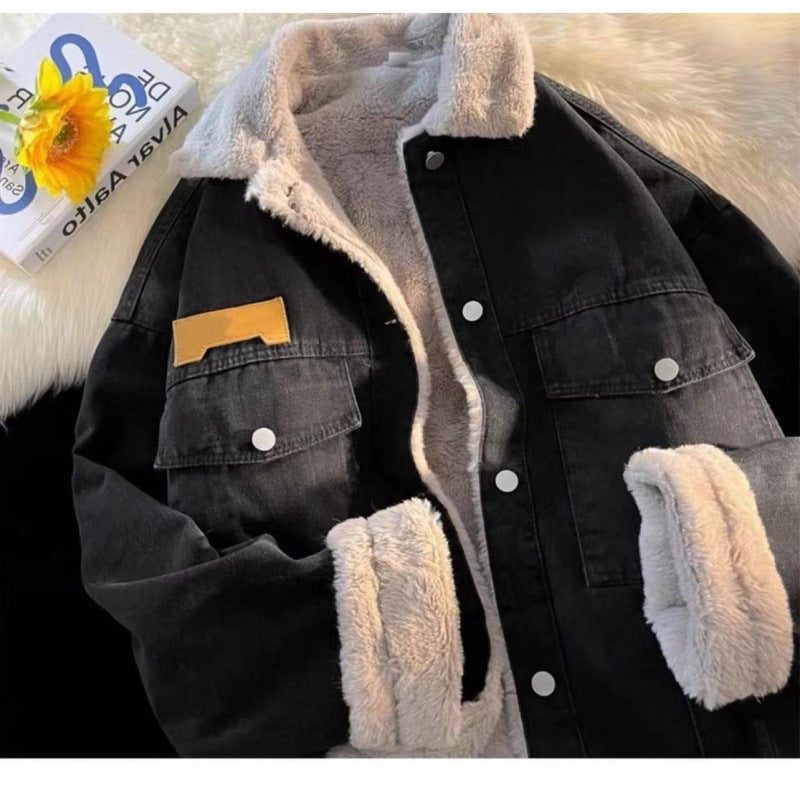 Veste en Jean Oversize Doublée Teddy pour Femme - Noir