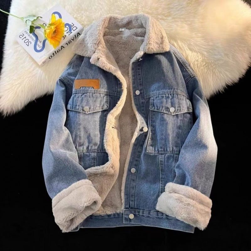 Veste en Jean Oversize Doublée Teddy pour Femme - Bleu