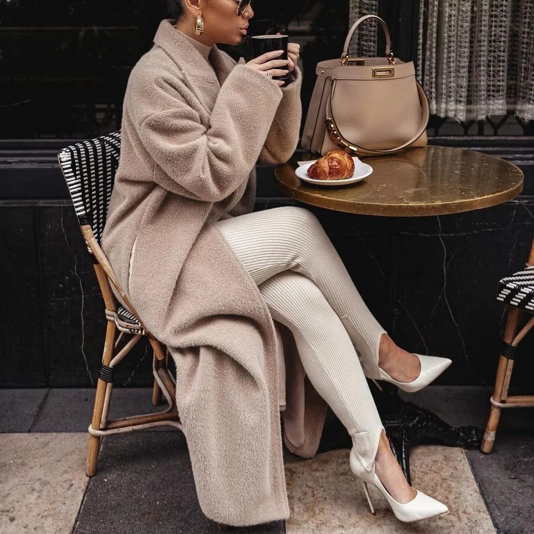 Manteau Long en Polaire avec Col Tailleur pour Femme