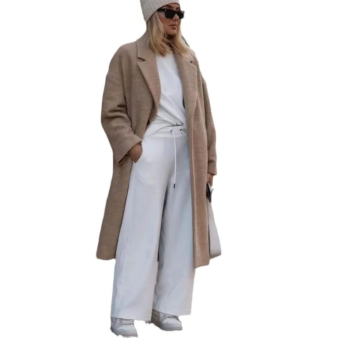 Manteau Long en Polaire avec Col Tailleur pour Femme