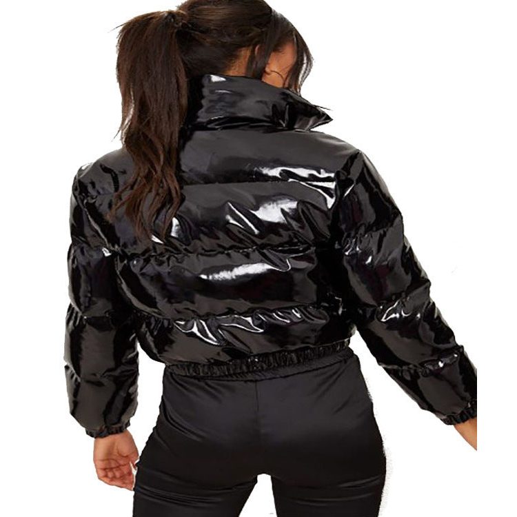 Veste Matelassée Brillante à Col Montant pour Femme - Noir