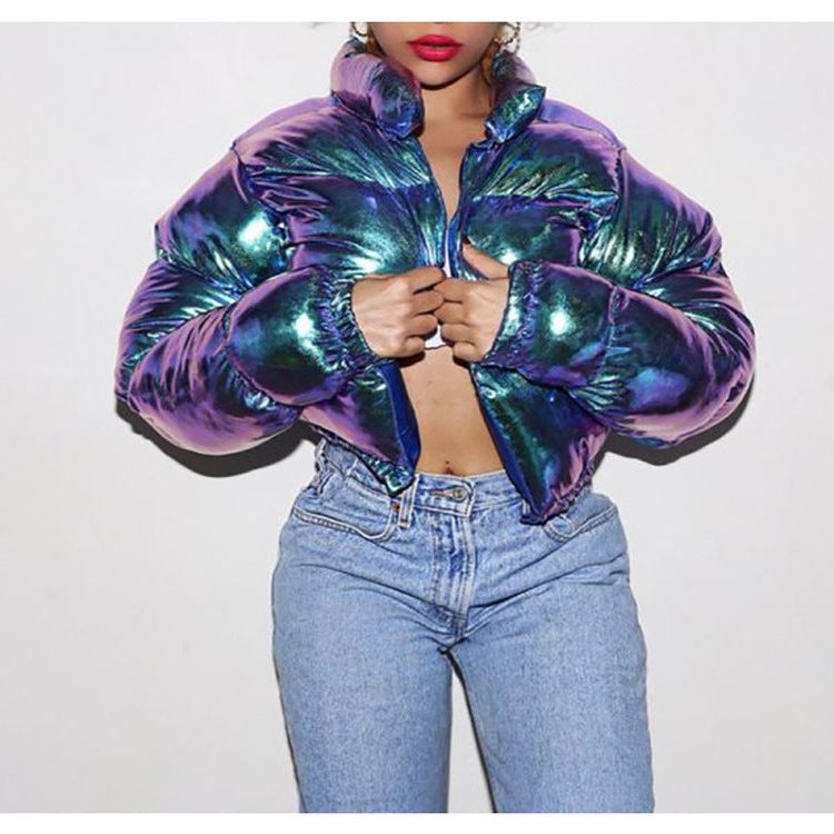 Veste Matelassée Brillante à Col Montant pour Femme