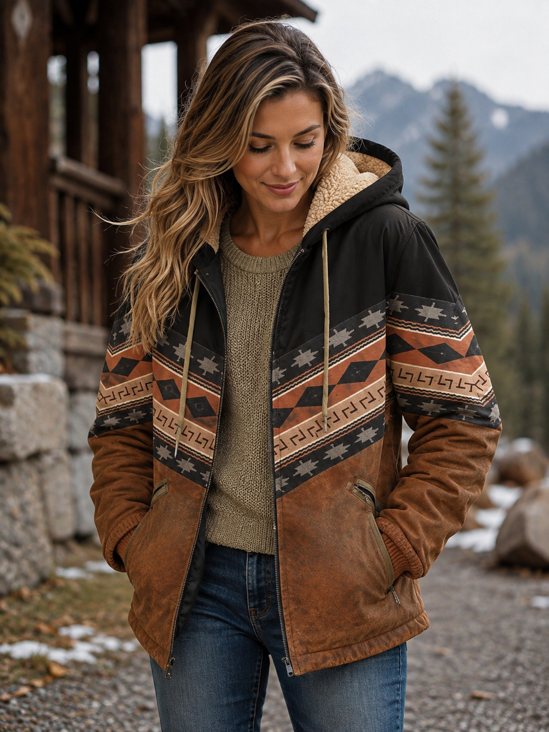 Veste Oversize Doublée à Motif Bohème pour Femme