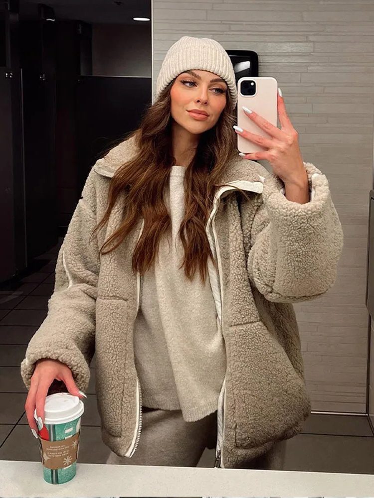 Veste Polaire Oversize avec Fermeture Éclair pour Femme - Beige