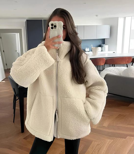 Veste Polaire Oversize avec Fermeture Éclair pour Femme - Blanc