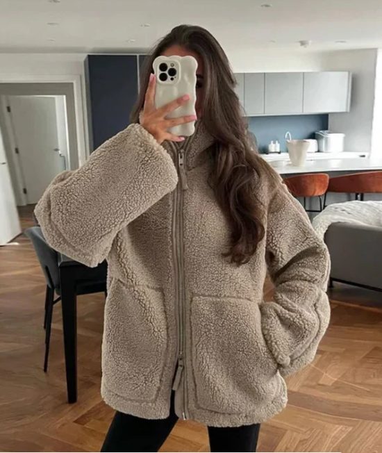 Veste Polaire Oversize avec Fermeture Éclair pour Femme - Bronze